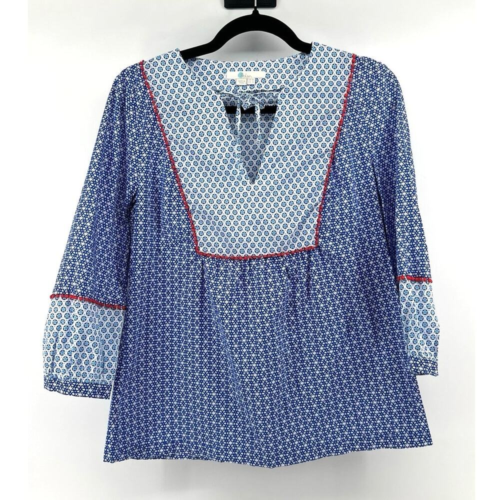 Boden Cora Star Print Peasant Blouse Size 6 Blue 100% Cotton Boho Sleeve Top